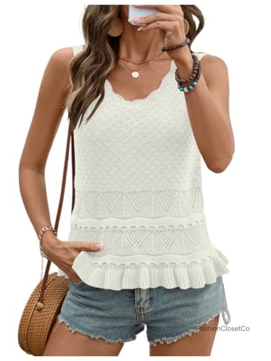 Sweaters - Crochet Knit Sweater Vest Sleeveless Ruffle Hem Boho Crop Top